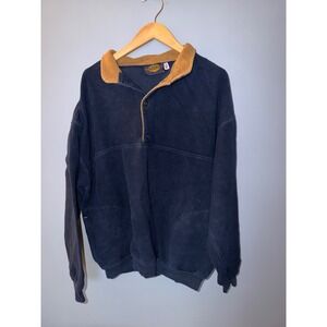 Vintage Sunrise Fleece Pullover Navy Blue Tan Quarter Button Made in USA Mens